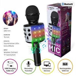 MICROFONO KARAOKE WIRELESS Con Speaker, Effetti Led,  Potenza 10 Watt, 8x24cm…x24